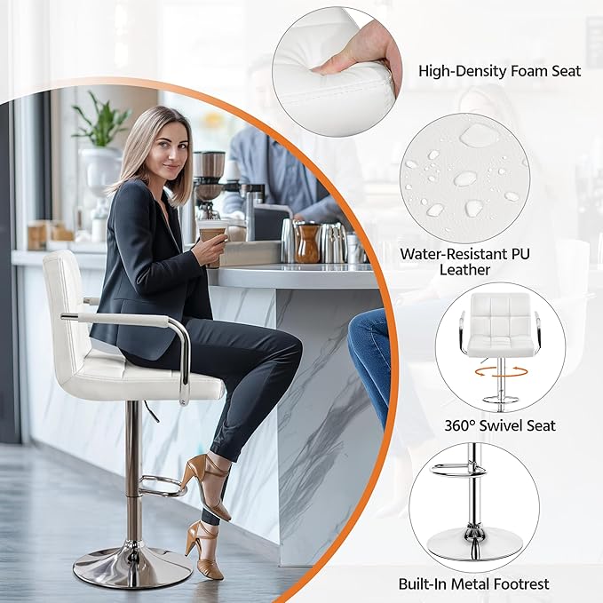 Yaheetech Bar Stools, PU Leather Adjustable Swivel Barstools, Hydraulic Kitchen Counter Height Bar Chairs with Armrest and Back for Bar, Kitchen, Dining Room, White