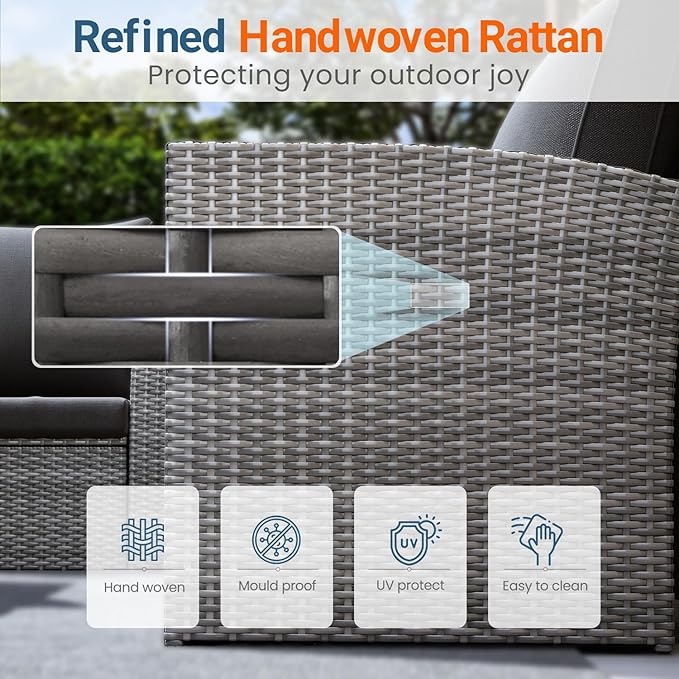 Wisteria Lane 5 Piece Patio Furniture Set, Wicker Outdoor Patio Conversation Furniture Set, All Weather Outdoor Patio Sofa with Cushion and Glass Table, Dark Grey