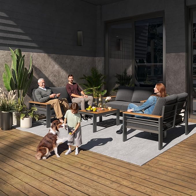 Aoxun Aluminum Outdoor Patio Furniture Set, 7 Seats Outdoor Sectional with Coffee Table, Patio Conversation Sets with Upgraded Armrests and Cushions for Backyard, Garden and Poolside（Dark Grey）