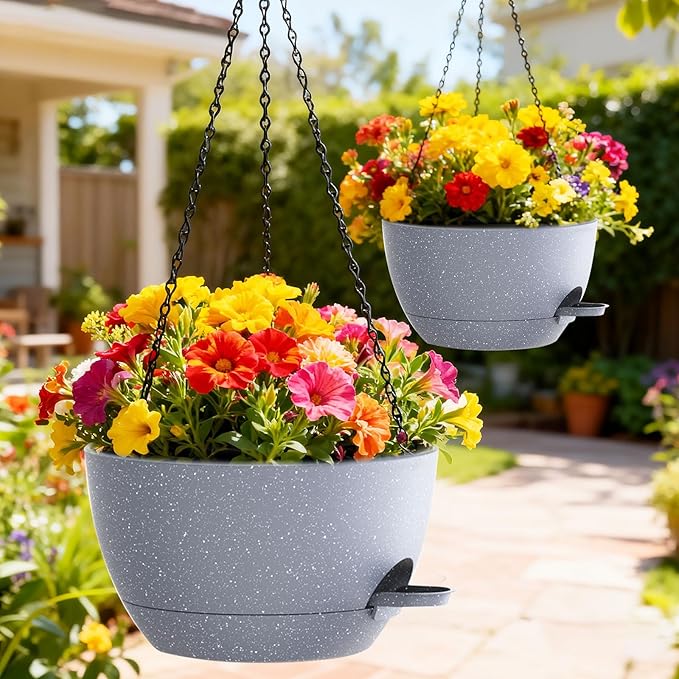 12 Inch Hanging Baskets 2 PC with Chains, Self-Watering Hanging Planters for Indoor Outdoor Plants, Plastic Hanging Flower Pots,Speckled Grey