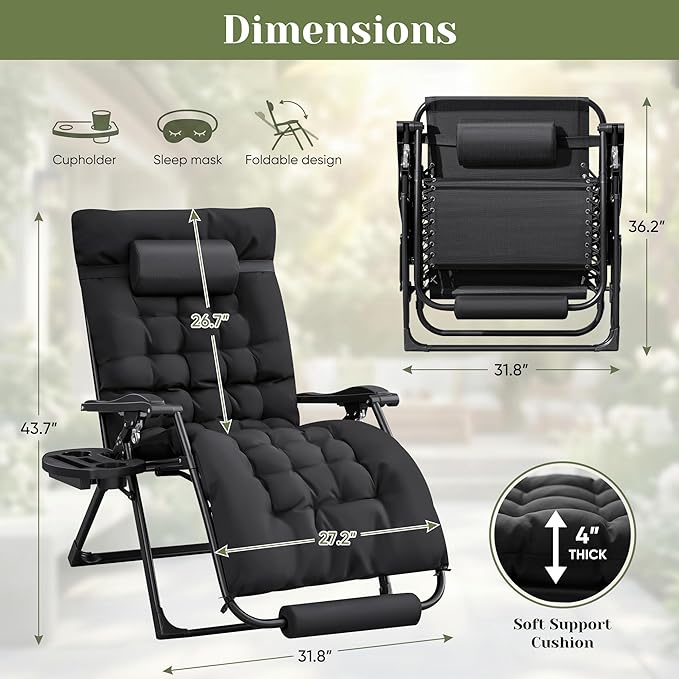 Homall Oversized Zero Gravity Chair, Set of 2 Recliner Lounge Chair with Removable Soft Cushion and Cup Holder, Adjustable Anti Gravity Chair Folding Patio Chairs Padded for Indoor and Outdoor (Black)