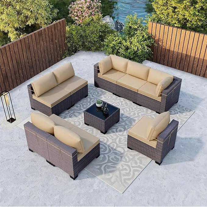Kullavik 9 Pieces Outdoor Patio Furniture Set,Outdoor Sectional Rattan Sofa Set Brown PE Rattan Wicker Patio Conversation Set with Tempered Glass Coffee Table and Washable Cushions Covers,Sand