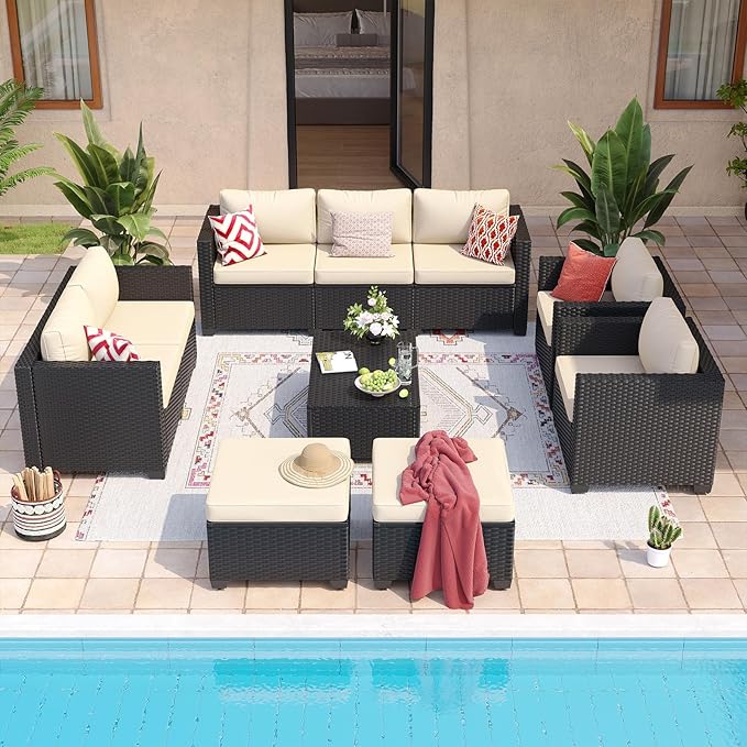 Aoxun 9 Piece Outdoor Patio Furniture Set 8 Seats, Outdoor Sectional with Thick Waterproof Cushions & Storage Coffee Table, Patio Conversation Sets for Garden,Backyard, Porch, Balcony, Deck, Beige