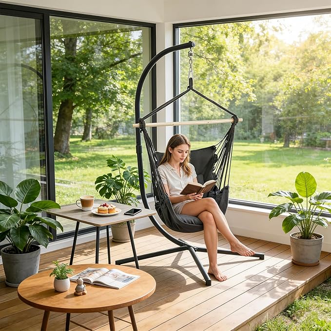 Athena Collection Hammock Chair Hanging Rope Swing Chair with 2 Cushions, Max 350 Lbs, Hanging Macrame Chair with Anti-Slip Grooves Spreader Bar and Pocket for Outdoor Indoor Patio Yard, Black