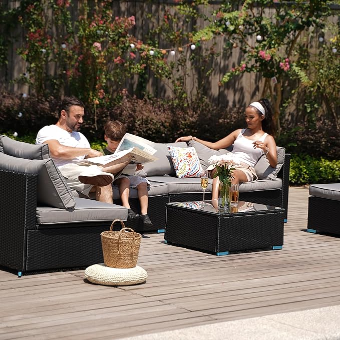 7 Piece Outdoor Patio Furniture Sets, Black Patio Sectional Furniture All-Weather PE Rattan Sectional Sofa, Outdoor Wicker Conversatin Set w Glass Coffee Table for Backyard, Garden, Porch