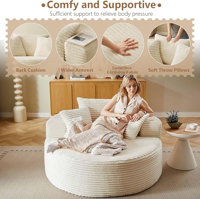 Oversized Round Chair Lounge Chaise Indoor, Upholstered Corduroy Deep Seat Cloud Large Circle Sofa Chair, No Assembly Required, Fluffy Modern Sleeper Sofa Bed for Reading, Light White