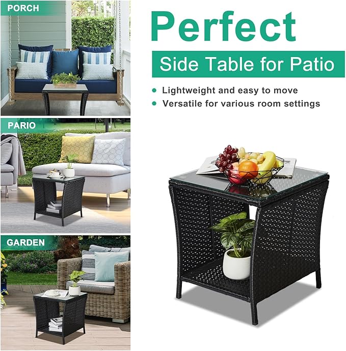 Wicker Rattan Side Table, Outdoor Square Rattan Coffee End Table with Tempered Glass Top and Storage for Patio Porch Lawn (Black)