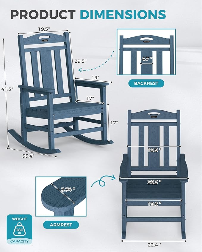 Ciokea Oversized Outdoor Rocking Chairs Set of 3, 380lbs Heavy-Duty Large Patio Rocker, High Back Cozy Porch Chairs, Weather Resistant Patio Rocking Chairs for Outside, Fire Pit, Deck, Slate Blue