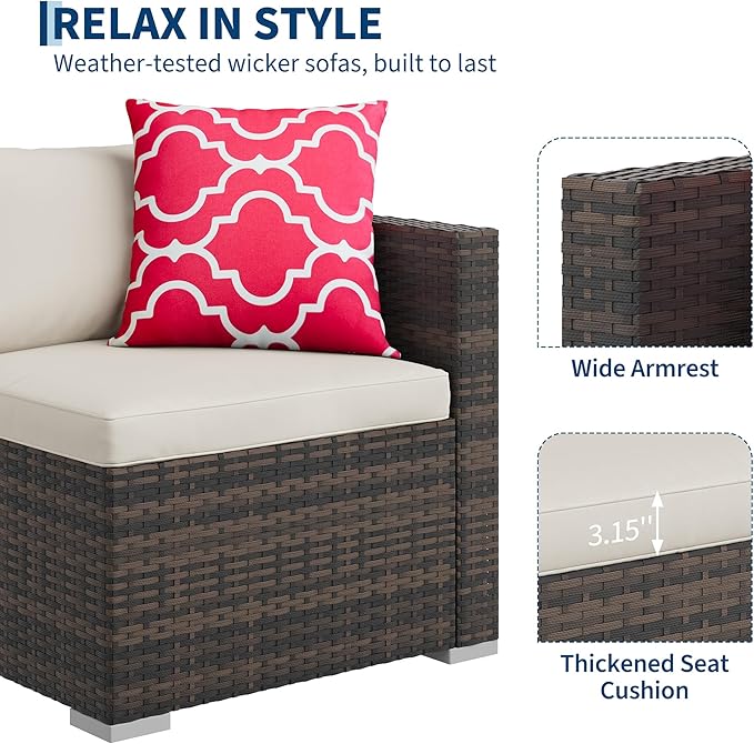 GAOMON 5-Piece All-Weather Patio Furniture Set, Convertible Outdoor Sectional Sofa with Ottoman & Tempered Glass Table, PE Rattan Conversation Set for Garden, Backyard, Porch, Poolside