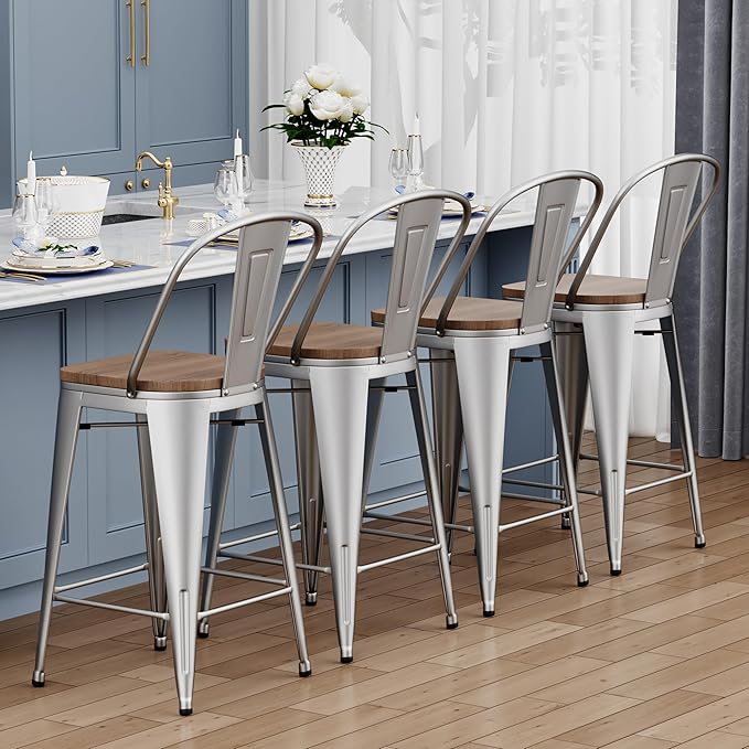 Yongqiang 24 inch Bar Stools Set of 4 Metal Kitchen Counter Height Bar Chairs Barstools with Large Wooden Seat, High Back Silver