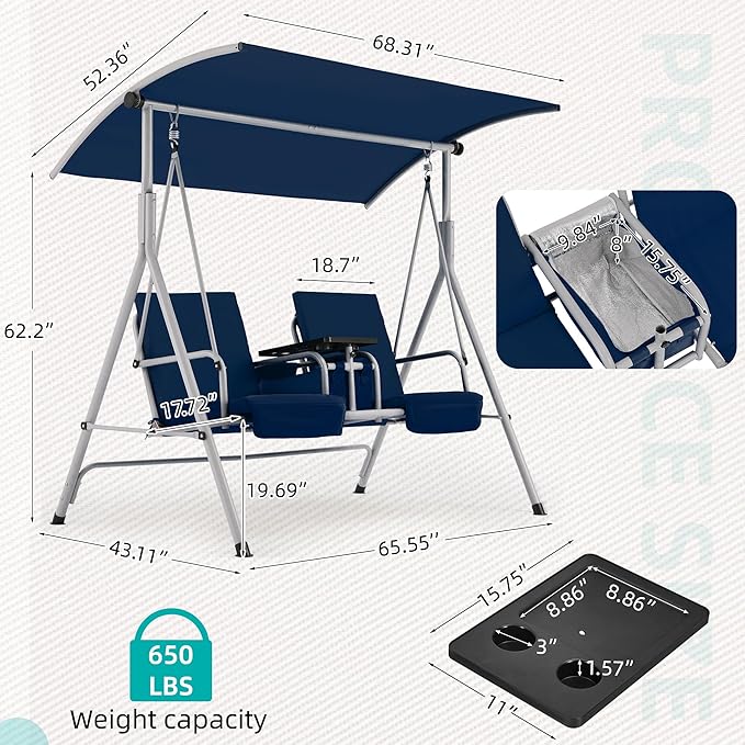 HOMREST 2 Seat Outdoor Porch Swing,Patio Swing with Adjustable Canopy,Heavy Duty 650 LBS Outdoor Swing with Pivot Storage Table & 2 Cup Holders & Cushions for Yard, Lawn, Backyard, (Navy Blue)