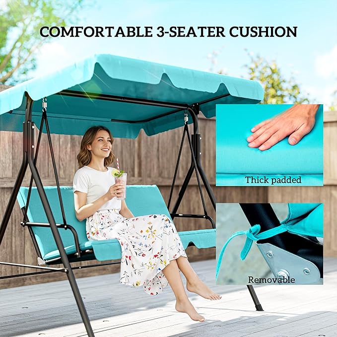 Outsunny 3-Seat Outdoor Patio Swing Chair with Removable Cushion, Steel Frame Stand and Adjustable Tilt Canopy for Patio, Garden, Poolside, Balcony, Backyard, Green