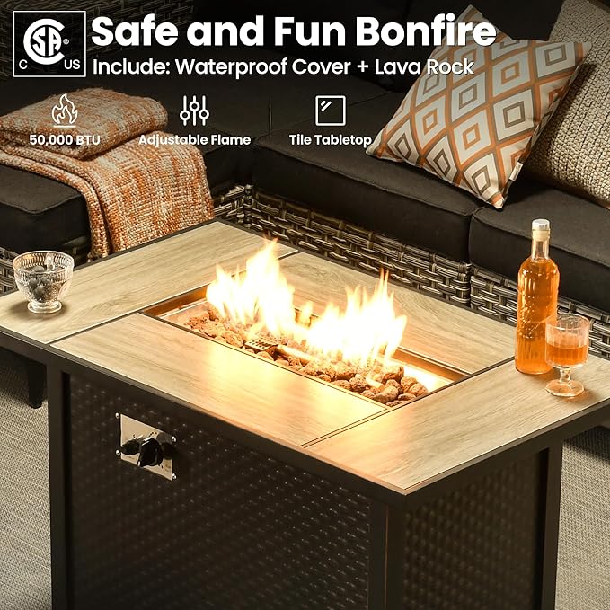 ovios 9-Piece Patio Furniture Set with L-Shape Sofa Chaise, Outdoor Sectional Couch Swivel Gliders Fire Pit Table Solar Table, Modern Modular Wicker Rattan Conversation Set, Black