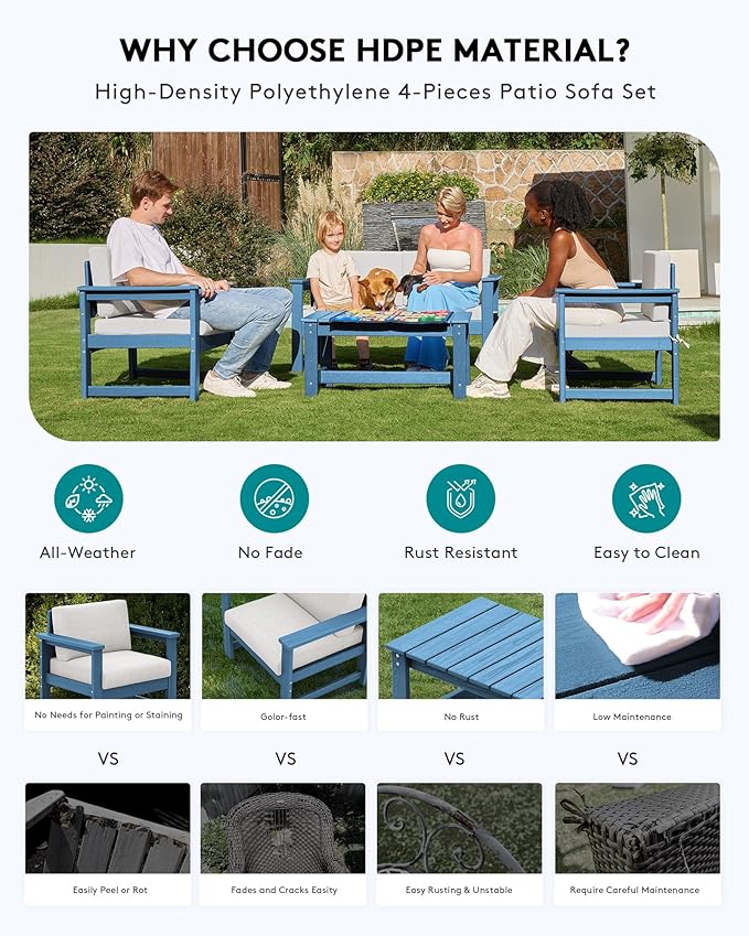 SERWALL 6 Pieces HDPE Outdoor Sofa Set with Cushions, Outdoor Conversation Couch Loveseat Furniture Set with Coffee Table for Balcony, Deck, Poolside, Black Frame with Khaki Cushions
