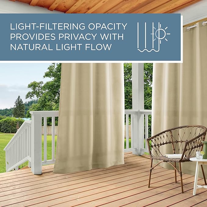 TOWN & COUNTRY BASICS Cabana Solid Heavyweight Indoor Outdoor Curtains, Light Filtering Opacity with Grommet Top, Water Repellent, 2-Pack Set, 54"x84", Natural