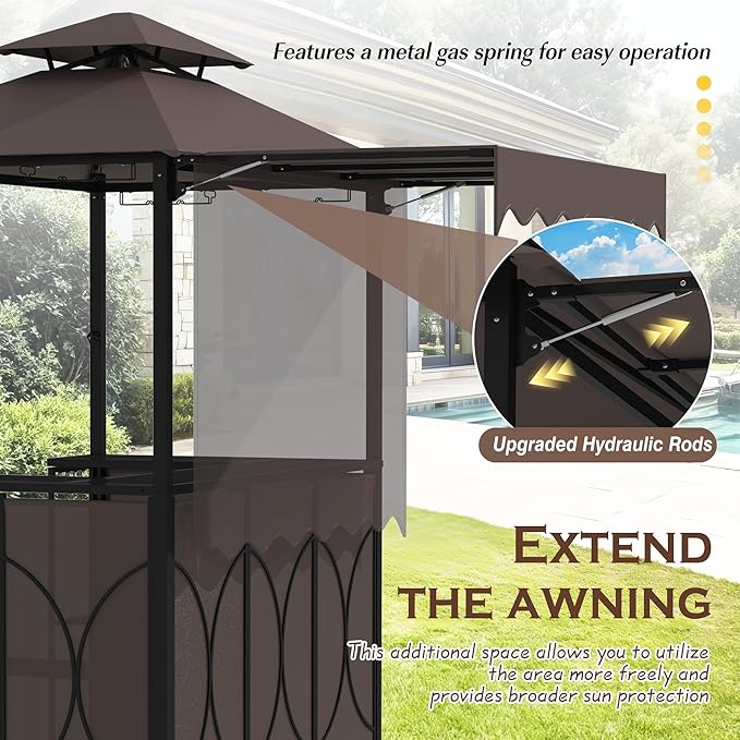 Grepatio 3 Piece Patio Bar and Grill Set, Grill Gazebo with Bar Table and 2 Foldable Stools, Outdoor Bar Set with Canopy, Extra Adjustable Shadow, Storage Shelves, Glass Holders for Garden Backyard