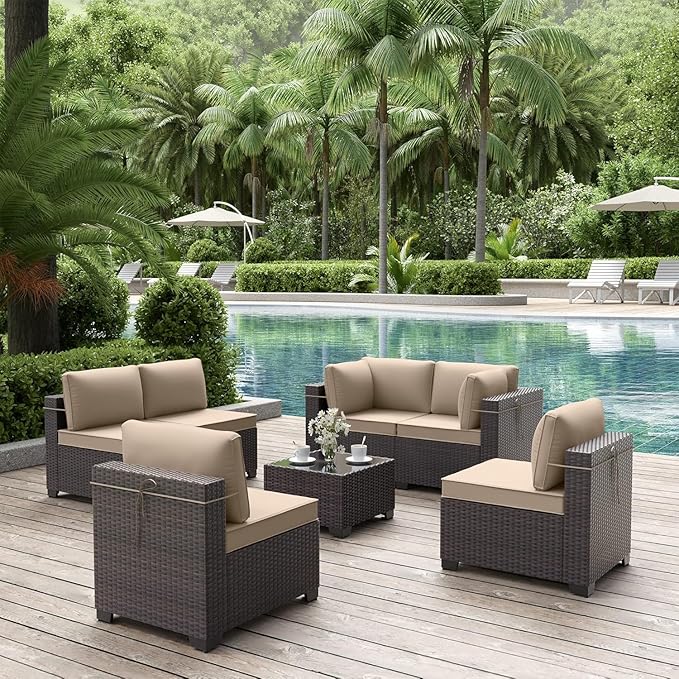 ALAULM Patio Furniture Set with Coffee Table, 7 Pieces Outdoor Sectional with Wide Seat and Thick Cushion, All Weather Wicker Rattan Conversation Set for Backyard, Garden, Deck, Sand