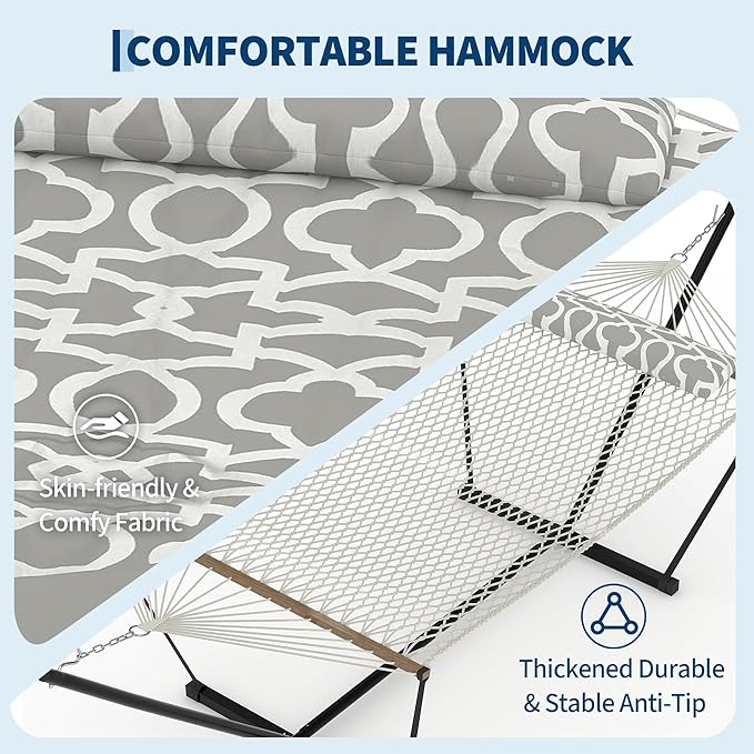 Double Hammock with Heavy-Duty Steel Stand, 2 Person Portable Hammock, 450LBS Max Weight Capacity, Easy Assembly, Ideal for Indoor, Backyard, Camping & Outdoor Use