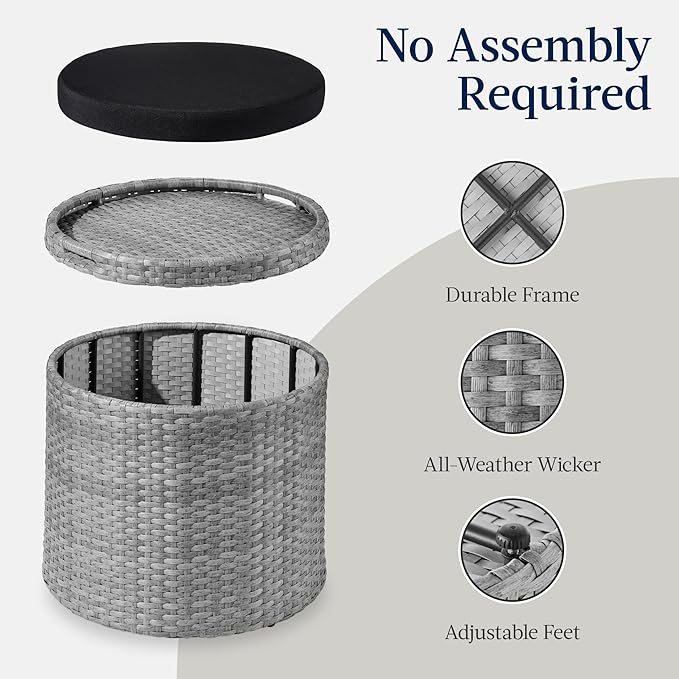 Best Choice Products Round Wicker Ottoman, Multipurpose Outdoor Furniture for Patio, Backyard, Additional Seating, Footrest, Side Table w/Storage, Removable Cushions – Gray/Black