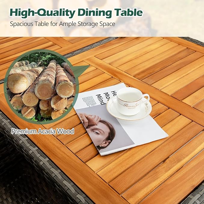 Tangkula 9 Piece Rattan Outdoor Dining Set with 13Ft Umbrella for 6, Outdoor Wicker Table Set with 6 Cushioned Armchairs, Acacia Wood Top, Outdoor Umbrella & with Base Included