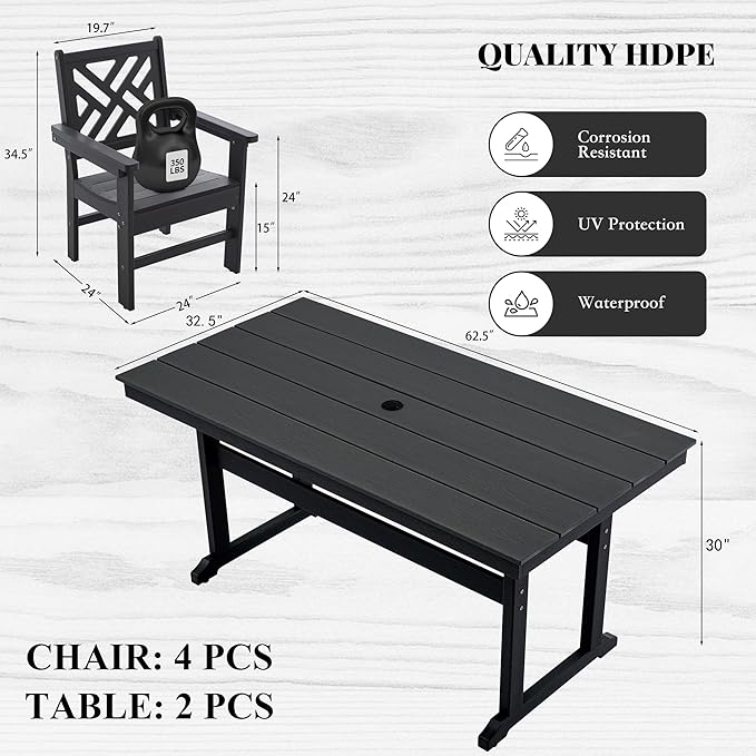HDPE Outdoor Dining Set,6-Piece Outdoor Table and Chairs Include 4 Dining Chairs and 2 Pcs 62.5" Patio Dining Table with Umbrella Hole (Black)