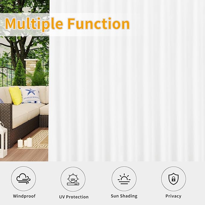Easy-Going Outdoor Patio Curtains Detachable Tab Top Windproof Weatherproof Curtain for Cabana, Porch, Pergola and Gazebo, Tab Bottom Drape, 2 Panels, 110W x 120L inch, White
