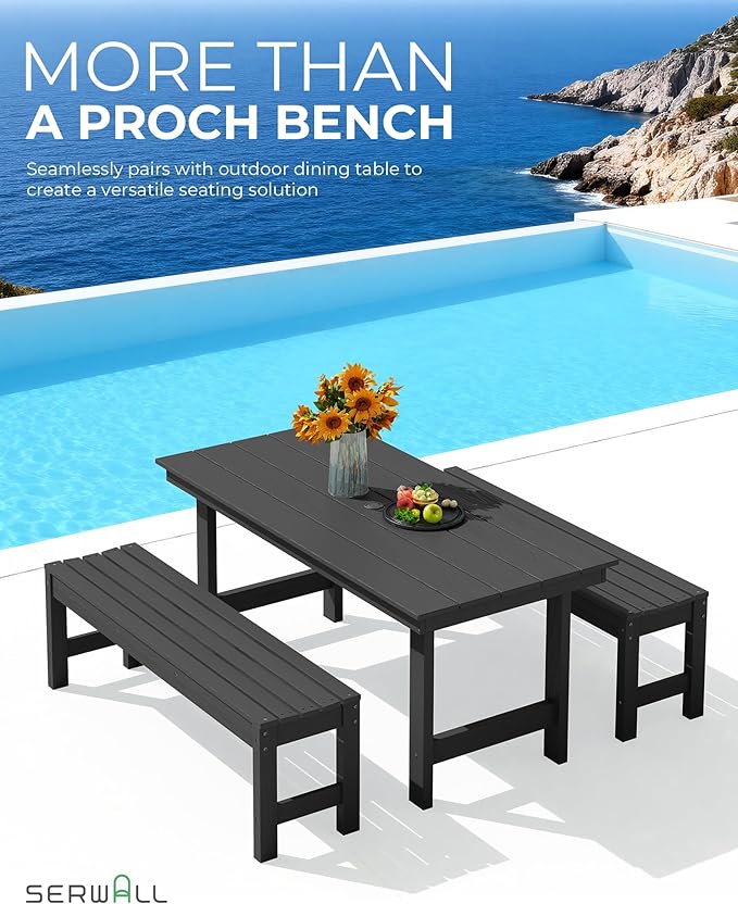 SERWALL 47 Inches Outdoor Bench Set of 2, All Weather HDPE Backless Bench with Wood Grain Texture for Garden Porch and Park, Curved Bench Seat for Comfort, Black
