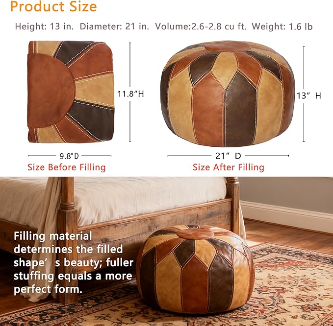 Thgonwid Unstuffed Moroccan Faux Leather Pouf Ottoman with Storage - Handmade Boho Chic Multi-Use Footrest for Living Room, Bedroom, Patio - Round Ethnic Floor Cushion & Decorative Accent, Tricolor