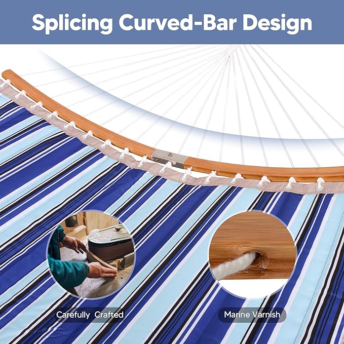 SUNCREAT Portable Hammock with Carrying Bag, 2 Person Hammock with Curved Spreader Bar, Blue Stripes