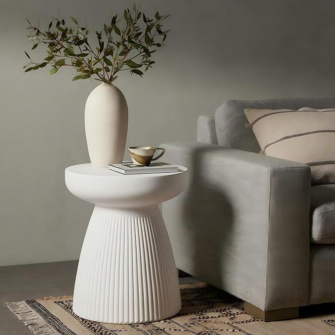 Christopher Knight Home Luce Round Side Table, Outdoor Concrete End Table, Vertical Texture Accent Table, Decorative Side Table, Stylish End Table for Patio Balcony Beach Pool Side, White