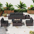 ALAULM 7 Pieces Patio Furniture Set with Fire Pit Table 55000BTU, Oversized Seat/Armrest and High Back Wicker Conversation Set with Thick Cushion for Backyard, Garden, Black