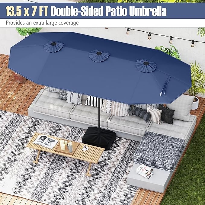 Tangkula 9 Piece Rattan Outdoor Dining Set with 13Ft Umbrella for 6, Outdoor Wicker Table Set with 6 Cushioned Armchairs, Acacia Wood Top, Outdoor Umbrella & with Base Included