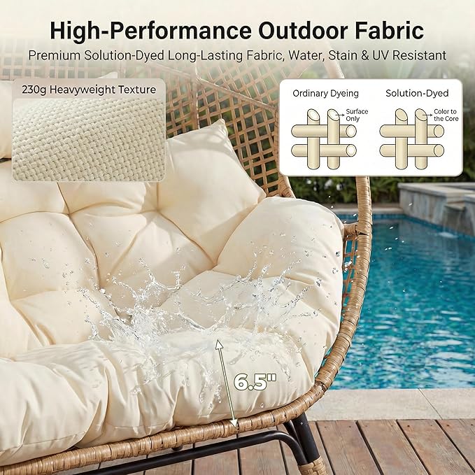 NICESOUL Modern Double Egg Chair with Footrest & Padded Cushions, 2 Person Wide Wicker Lounge Chair with Deep Seating, 57.1" Extra Large Stationary Loveseat Cozy Cream Chairs for Inside Outside