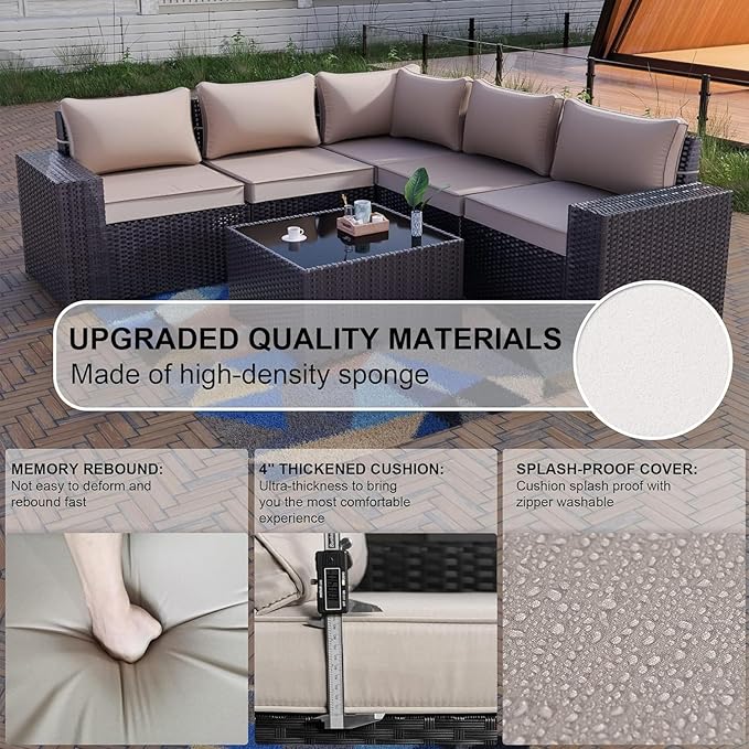 Kullavik Outdoor Patio Furniture Set,12 Pieces Sectional Rattan Sofa Set Brown PE Rattan Wicker Patio Conversation Set with 10 Seat Cushions and 2 Tempered Glass Coffee Table,Sand