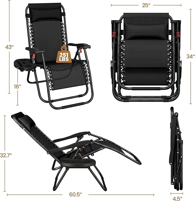 Yaheetech 26" Zero Gravity Recliners Outdoor Adjustable Folding Reclining Lounge Chairs w/Pillows, Cup Holder Trays and Carry Strap for Patio Backyard Beach New Black Set of 2