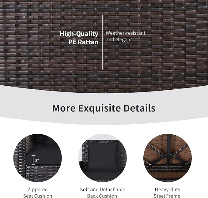 RELAX4LIFE Porch Swing 2-Seat Patio Rattan, Wicker Porch Swings Outdoor W/Two 7.9 Ft Solid Steel Chain, Comfortable Back & Seat Cushions, for Front Porch, Garden, Backyard Patio Swing (Black)