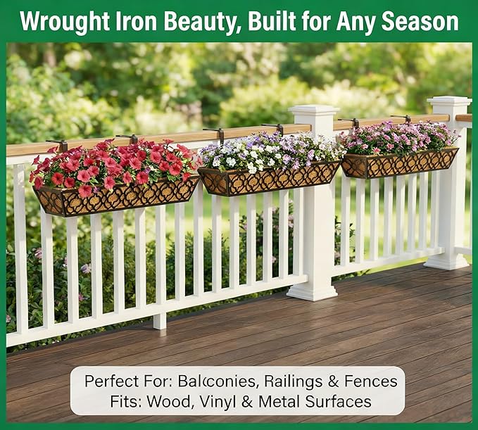 Y&M 6pcs 30 Inch Window Deck with Coco Liner, Fence Metal Hanging Flower Planter Window Basket Deck Railing Planter Boxes for Outdoor Garden Lawn,