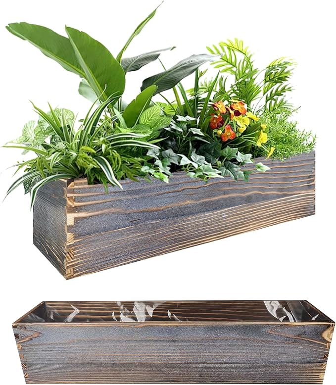 Wood Window Box Planter, 2 Pcs Rectangular Planter Boxes with Removable Plastic Liners, Long Indoor Window Box for Flowers & Succulents, 17.3 x 3.9 x 3.9 Inches