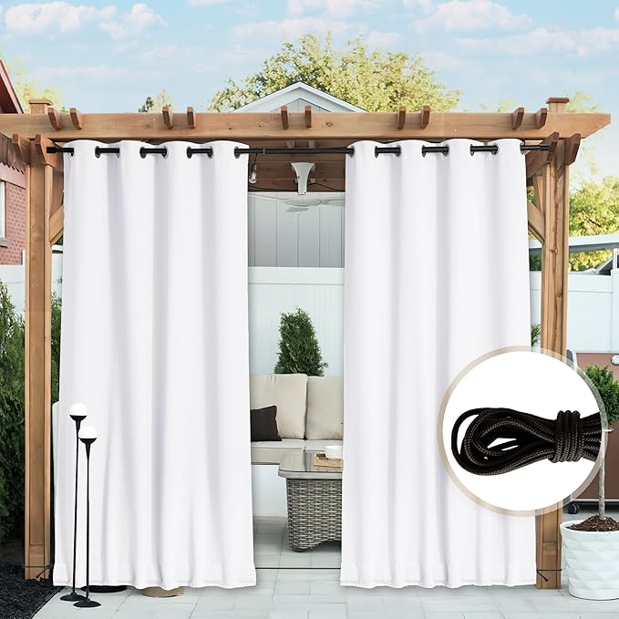 NICETOWN 2 Panels Weighted Blackout Outdoor Curtains for Patio Waterproof, Grommet & Back Tab on top and Bottom Windproof Privacy Thermal Drapes for Cabana with Fixed Rope, W52 x L95, Pure White
