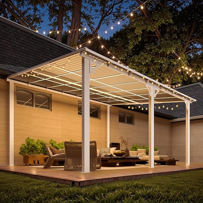 AECOJOY 14' x 12' Gazebo Outdoor Pergola for Patio, White 12x14 Large Wall-Mounted Hard Top Lean to Metal Gazebo Shelter Pergolas and Gazebos Clearance with Patio Roof, Heavy Duty Awnings for Backyard