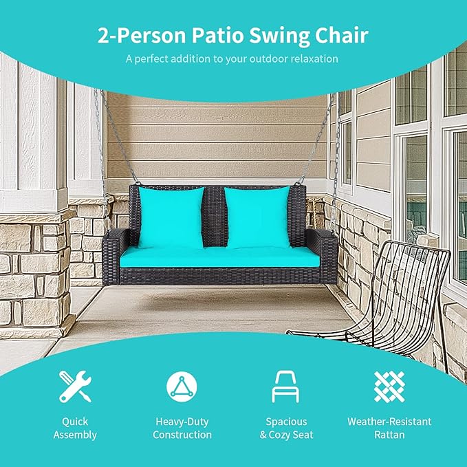 RELAX4LIFE Porch Swing 2-Seat Patio Rattan, Wicker Porch Swings Outdoor W/Two 7.9 Ft Solid Steel Chain, Comfortable Back & Seat Cushions, for Front Porch, Garden, Backyard Patio Swing (Turquoise)