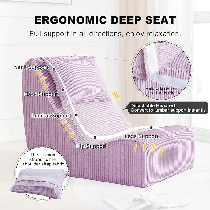 Giant Bean Bag Chair for Adults,Corduroy Chaise Lounge with Unrivaled Back Support, Detachable Neck Pillow, Comfortable Ottoman & Washable Cover for Living Room, Bedroom, Garden (Taro)