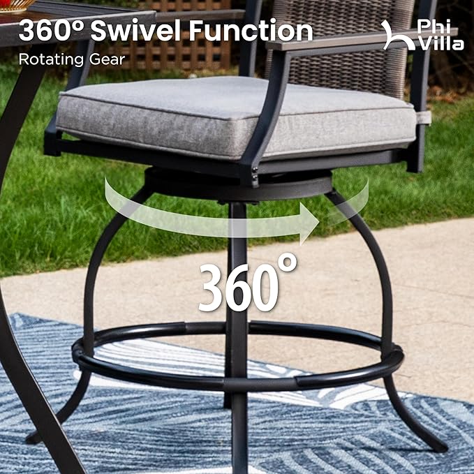 PHI VILLA 5 Piece Outdoor Bar Furniture Set, Counter Height Patio Bar Bistro Table (Square) & Rattan Wicker Bar Stools Chairs with All Weather Cushions for Backyard, Deck and Porch