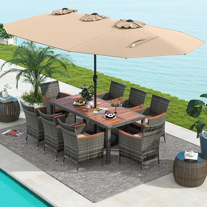 Tangkula 10 Pieces Patio Wicker Dining Set w/Double-Sided Patio Umbrella, Outdoor Acacia Wood Furniture Set w/ 8 Armchairs, 71” Dining Table & 15 ft Umbrella with Weighted Base (Coffee)