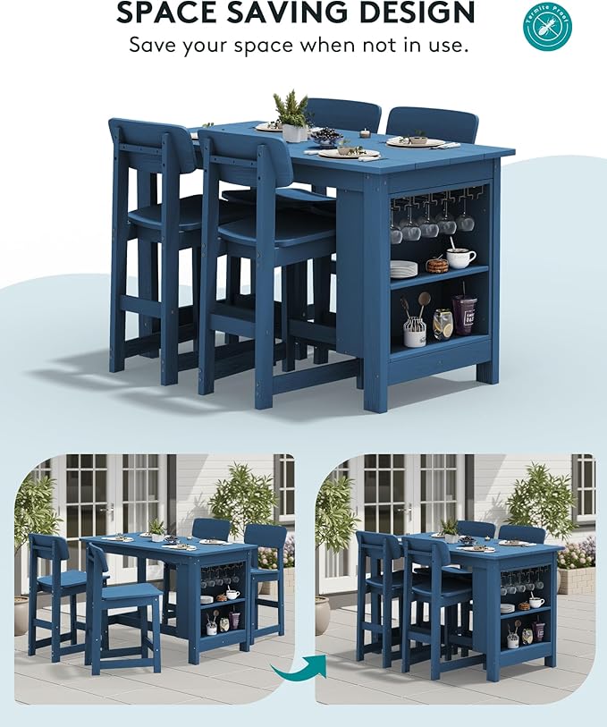 SERWALL 3-Piece Outdoor Counter Height Bar Set, HDPE Patio Bar Table with Wine Rack & Storage Shelf, 2 All-Weather Bar Stools, Patio Bar Dining Furniture Set for 3, Blue