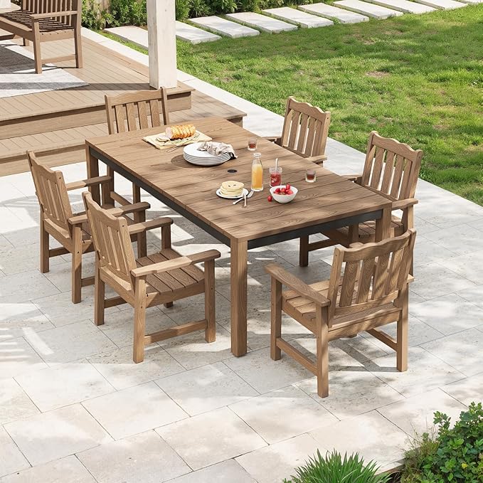 Stoog 63" All-Weather Patio Dining Table, HIPS Waterproof Tabletop with Cross-Braced Aluminum Frame & Umbrella Hole, Fade & Rot Resistant, for Backyard, Garden, Deck, Teak