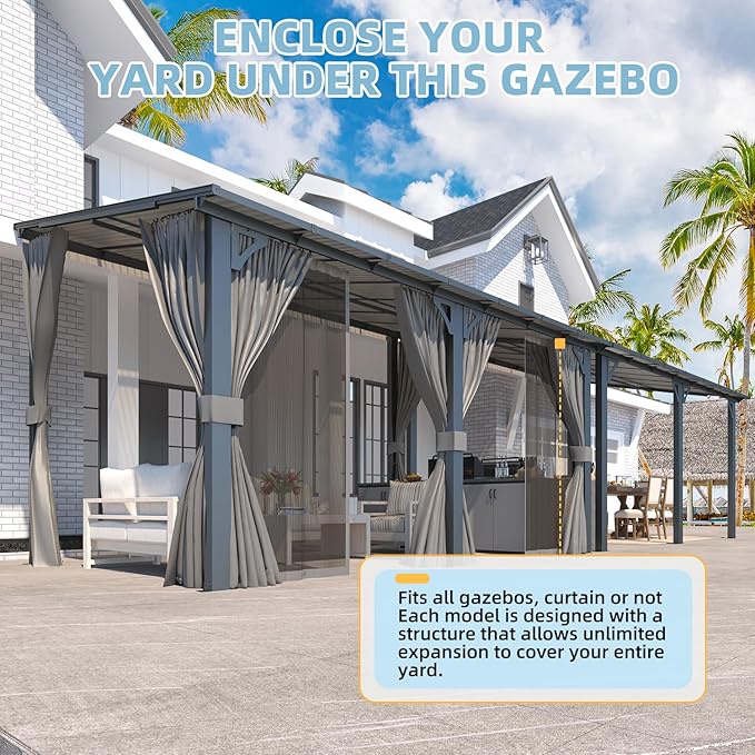 AECOJOY 14' x 8' Gazebo Outdoor Pergola, Hard Top Lean to 8x14 Gazebo with Curtains and Netting, Pergolas and Gazebos Clearance with Patio Roof, Large Wall-Mounted Heavy Duty Awnings for Patio, Decks