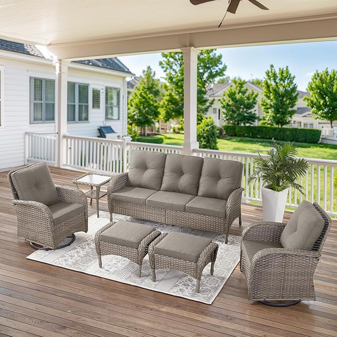 Belord Outdoor Ottomans for Patio Foot Rest - 25 Inch PE Wicker Foot Stool Set of 2 with Removable Cushions for Patio Furniture Sets,All Weather Rattan Ottoman for Balcony Deck Backyard Brown