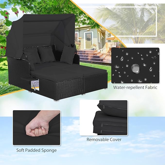 ORALNER Outdoor Daybed, 2-Person Wicker Patio Sofa with Retractable Canopy, Cushions & Pillows, 2 Side Trays, PE Rattan Double Sunbed Lounger for Deck Poolside Garden Balcony (Black)