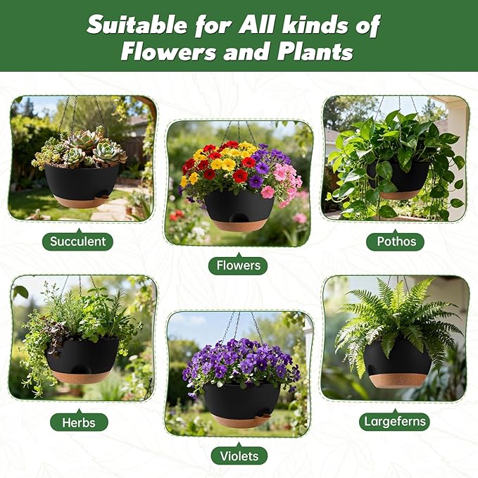 13-inch Oversized Hanging Planter Set of Two,Planters for Indoor and Outdoor Plants.Place Plant pots Across Diverse Settings Including windowsills,Living Room,and Gardens.Black-Brown